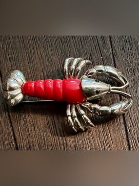 Vintage Lobster or Crawfish Brooch with Red Enamel Body